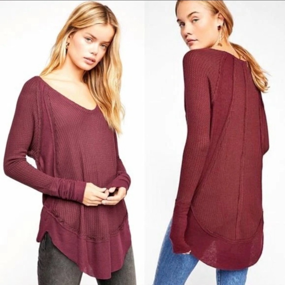 Free People UO Catalina High Low Rib Trim Thermal Top Burgundy Purple Sz Medium.